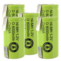 5pc D Size Rechargeable Batteries 8000mAh NiMH 1.2V w/Tabs for use with high power static applications (Telecoms, UPS and Smart grid), radio controlled devices, electric tools, electric mopeds