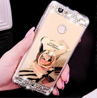 IKASEFU Luxury Crystal Rhinestone Soft Silicone Rubber Bumper Bling Diamond Glitter Mirror Makeup Case Cover with Bear Ring Stand Holder Compatible with Huawei P8 Lite 2017 (Gold)