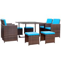 Devoko 9 Pieces Patio Dining Sets Outdoor Space Saving Rattan Chairs with Glass Table Patio Furniture Sets Cushioned Seating and Back Sectional Conversation Set (Blue)