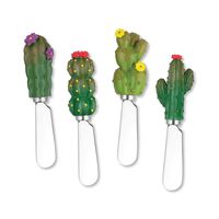 Mr. Spreader 4-Piece Cactus with Flower Hand Painted Resin Handle with Stainless Steel Blade Cheese Spreader, for Cactus Lover, Cheese Lover, Everyday Use, Party, Wedding and Cinco de Mayo, Assorted