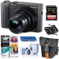 Panasonic Lumix DMC-ZS200 Digital Point & Shoot Camera, Silver - Bundle with 32GB SDHC U3 Card, Camera Case, Cleaning Kit, Memory Wallet, Card Reader, PC Software Package