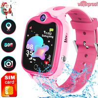 Kids Waterproof Smart Watch with SIM Card, GPS/LBS/WIFI Tracker Smartwatch Phone for Boys Girls Holiday Xmas Birthday Toys Gifts Touchscreen Watch Game|SOS Call|Camera|Alarm Clock Wristwatch-(Pink)