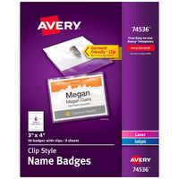 Avery Clip Name Badges, Print or Write, 3" x 4", 50 Inserts & Badge Holders with Clips (74536), White