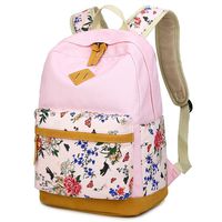 LuckyZ Women School Backpack Lightweight Canvas with Leather Daykpack Casual School Bag Cute Floral Printng Travel Laptop Bag Shoulder Bookbags Pink Flower