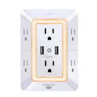 USB Wall Charger, Surge Protector, POWRUI 6-Outlet Extender with 2 USB Charging Ports (2.4A Total) and Night Light, 3-Sided Power Strip with Adapter Spaced Outlets - White，ETL Certified (Renewed)