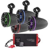 8" Wakeboard Tower Pod Marine Weatherproof Speakers with RGB Multicolor LED - 2 Pairs (Black), 5-Channel Marine 1600 Watts Amplifier