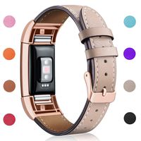Hotodeal Replacement Leather Band Compatible for Charge 2, Classic Genuine Leather Wristband Metal Connector Watch Bands, Fitness Strap Women Men Small Large (Beige- Rosegold Buckle)