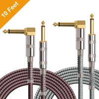 OTraki 2 Pack Electric Guitar Cables 10FT Instrument Cord 1/4 Inch Straight to Right Angle 6.35mm Gold Plated Plug + Nylon Woven Insulate for Guitar Bass Keyboard
