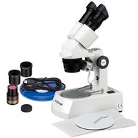 AmScope SE306-A-E Digital Binocular Stereo Microscope, WF10x Eyepieces, 20X and 40X Magnification, 2X and 4X Objectives, Upper and Lower Halogen Lighting, Reversible Black/White Stage Plate, Arm Stand, 120V, Includes 0.3MP Camera and Software