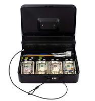 Cash Box by OSAFE - Money Box with Lock & Security Cable - Cash Safe Box with New Lid Coin Tray, 5 Compartments, 4 Spring Loaded - Large 3.5H x 9.5W x 11.8L Inch Metal Money Box with Combination Lock