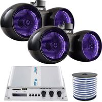 4 x Pyle 6.5" Marine 400W Multicolor LED Black Wakeboard Tower Speakers, Pyle 4-Channel Bridgeable Compact Boat Yacht Waterproof 400W RMS Amplifier, Enrock Speaker Wire