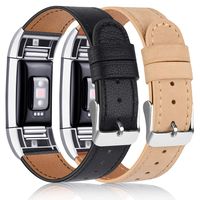 Tobfit 2 Pack Leather Bands Compatible with Fitbit Charge 2 Bands for Women Men, Soft Genuine Leather Accessories Replacement Wristband (Black & Beige, 5.5''-8.1'')