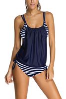 Dokotoo Womens Stripes Lined Up Double Up Tankini Top Bikini Swimwear,(US 2-4)S,Navy