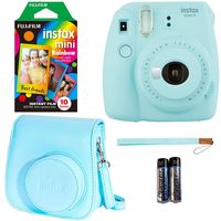 Fujifilm Instax Mini 9 - Ice Blue Instant Camera, 10 Prints Fujifilm Instax Rainbow Instant Mini Film, Fujifilm Instax Groovy Camera Case - Blue