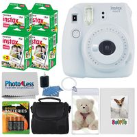 Fujifilm instax Mini 9 Instant Film Camera (Smokey White) + Fujifilm Instax Mini Twin Pack Instant Film (80 Shots) + Photo Keychain + Selfie Album + 4 AA Batteries + Compact Case + Cleaning Cloth