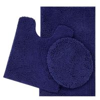ITSOFT 3pc Non-Slip Shaggy Chenille Bathroom Mat Set, Includes U-Shaped Contour Toilet Mat, Bath Mat and Toilet Lid Cover, Machine Washable, Navy Blue