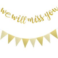We Will Miss You Banner Gold Glitter Banner and Triangle Flag Banner for Retirement Farewell Going Away Office Work Party