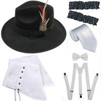 1920s Trilby Manhattan Fedora Hat, Gangster Spats/Armbands,Suspenders Y-Back Trouser Braces,Pre Tied Bow Tie,Tie (OneSize, Black-White)