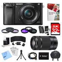 Sony Alpha a6000 Black Camera with 16-50mm, 55-210mm Lenses and Accessories Bundle - Includes Camera, 2 Lenses, 2 Filter Kits, Memory Card, Software, Carrying Case, Battery, and More