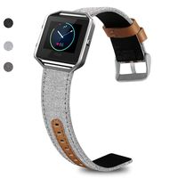 SKYLET Compatible with Fitbit Blaze Leather Band with Silver Frame, Canvas Fabric Genuine Leather Replacement Wristband Compatible with Fitbit Blaze Men Women Large Small (No Tracker)
