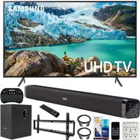 Samsung UN75RU7100 75-inch RU7100 LED Smart 4K UHD TV (2019) Bundle with Deco Gear Soundbar with Subwoofer, Wall Mount Kit, Deco Gear Wireless Keyboard, Cleaning Kit and 6-Outlet Surge Adapter