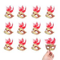 Hophen 24 Pieces Decorative Mini Masquerade Mask Party Decorations Luxury Feather Mardi Gras Venetian Mask Party Favors (Red)
