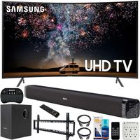 Samsung 55-inch RU7300 HDR 4K UHD Smart Curved LED TV (2019) Bundle with Deco Gear Soundbar with Subwoofer, Wall Mount Kit, Deco Gear Wireless Keyboard, Cleaning Kit and 6-Outlet Surge Adapter