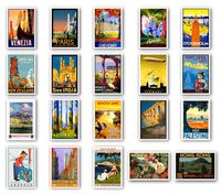 VINTAGE TRAVEL POSTERS postcard set of 20. Post cards depicting the original 1920s-1940s posters. Variety pack poster reprint postcards. Made in USA.
