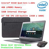 Acer 14in High Performance Aluminum FHD IPS Display Chromebook~Celeron N3160 Quad-Core Processor Up to 2.24Ghz~4GB RAM~32GB SSD~HDMI~WiFi~Bluetooth~HD Cam~Chrome OS(Renewed) (Grey)