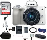 Canon EOS M50 Mirrorles Digital Camera with 15-45mm Lens -White (USA Warranty) Bundle, Includes: 64GB SDXC Class 10 Memory Card + LED Light + Full Size Tripod + Spare Battery + More
