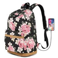 Lmeison Canvas Backpack Bookbags with USB Charging Port Fit for 14" Laptop Fashion Rucksack Travel Daypack Bag for Teens Girls(Floral)