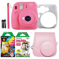 Fujifilm Instax Mini 9 Instant Film Camera Holiday Bundle (Flamingo Pink) with Pink Instax Groovy Case and 1 Pack of Rainbow Film