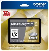 Brother P-touch TZe-PR935 White Print on Premium Glitter Silver Laminated Tape 12mm (0.47") wide x 8m (26.2') long