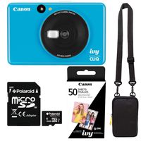 Canon Ivy Cliq Seaside Blue Instant Camera Printer Bundle with Zink Paper (50 Sheets), Camera Bag and 16GB MicroSD Memory Card