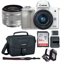 Canon EOS M50 15-45mm f/3.5-6.3 is STM Mirrorless Digital Camera (White) with Spare Battery and Charger + 64GB Memory Card + Canon Camera Bag
