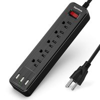 USB Surge Protector Power Strip Mountable Extension Cord Fire Proof Multiple Protection 5 Outlet 3 USB Port with Hook & Loop Fastener for iPhone iPad PC Home Office Travel Black SUPERDANNY