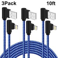 Right Angle iPhone Charger 10 FT Braided Lightning Cable 90 Degree 3 Pack Cgarging & Syncing Cord Compatible with iPhone/XS/XR/X/8/7/6/iPad etc(Blue Black,10ft)