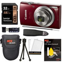 Canon Elph 180 Point and Shoot Camera (Red) with Lexar 32GB, Camera Case, Memory Card Reader, Neck Strap, Cleaning Kit Bundle