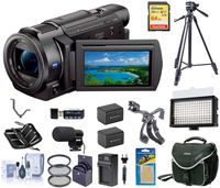 Sony 4K HD Video Recording FDR-AX33 Handycam Camcorder, Bundle | Cam Bag + 2 Battery + 66" Tripod + 64GB SD Card + LED Light + Mic + Filter Kit + Support Bracket + Memory Wallet + Cleaning Kit + More