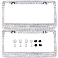 Bling Bling License Plate Frames 2 PACK - Pure Handmade Waterproof Glitter Rhinestones Crystal White License plate Frame for Cars with 2 Holes Bonus Matching Screws Caps Set