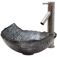 ELITE Winter Leaves Design Tempered Bathroom Glass Vessel Sink & Brushed Nickel Faucet Combo