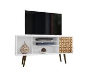ModHaus Living Mid Century Modern TV Stand Media Cabinet with 5 Shelves 1 Door and Solid Wood Legs - Includes Pen (White)