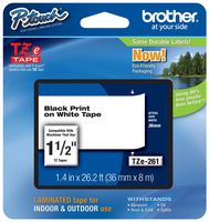 Genuine Brother 1-1/2" (36mm) Black on White TZe P-touch Tape for Brother PT-9600, PT9600 Label Maker