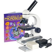 AmScope M148C-PS25-WM Compound Monocular Microscope, WF10x and WF25x Eyepieces, 40x-1000x Magnification, LED Illumination, Brightfield, Single-Lens Condenser, Plain Stage, 110V or Battery-Powered, Includes Set of 25 Prepared Slides and Book