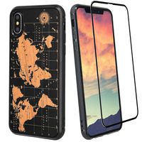 World Map Black Wood Phone Case Compatible with iPhone XR Includes Glass Screen Protector, Wireless Charging Compatible, Shockproof Protective Cover