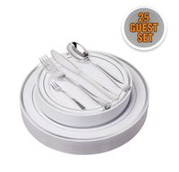 125 Pieces Premium Quality Heavyweight Tableware/Elegant Plastic Disposable dinnerware: 25 Dinner Plates, 25 Salad or Dessert Plates & 25 Polished Silver Forks Knives & Spoons - Bonus 25 Dessert Forks