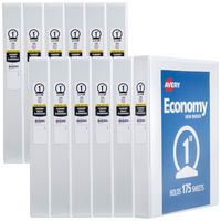 Avery 1" Economy View 3 Ring Binder, Round Ring, Holds 8.5" x 11" Paper, 12 White Binders (5711)
