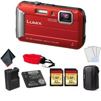 Panasonic Lumix DMC-TS30 Waterproof Digital Camera (Red) - Bundle with 2X 32 GB Memory Cards + Floating Wrist Strap + LCD Screen Protectors and More