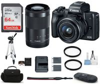 Canon EOS M50 Mirrorless Digital Camera with 15-45mm + 55-200mm Lenses -Black (USA Warranty) Bundle, Includes: 64GB SDXC Class 10 Memory Card + Full Size Tripod + Spare Battery + more
