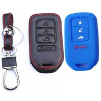 MJKEY 1x Genuine Leather 1x Blue Silicone Rubber Key Fob Protective 4 Buttons Smart Remote Key Fob Holder Key Case Cover For Honda Accord Civic CR-V CR-Z HR-V Pilot ACJ932HK1210A